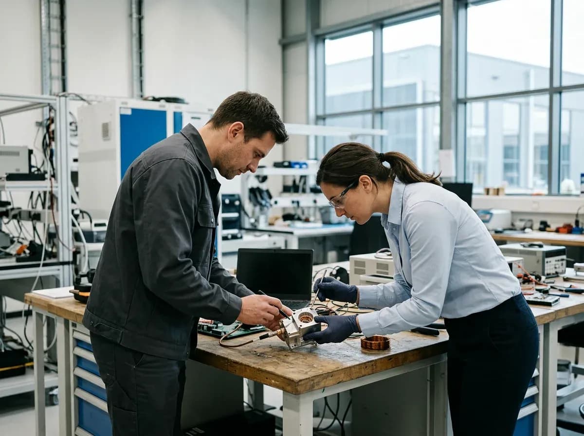Mühəndis və alim sensor prototipini birlikdə yoxlayır