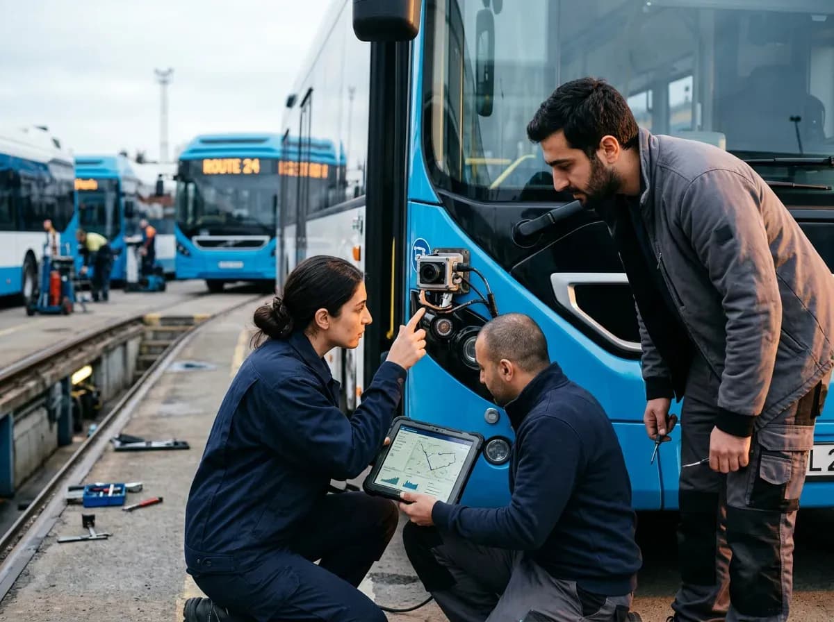 Mühəndislər elektrik avtobusunun üzərindəki sensoru planşetlə yoxlayır