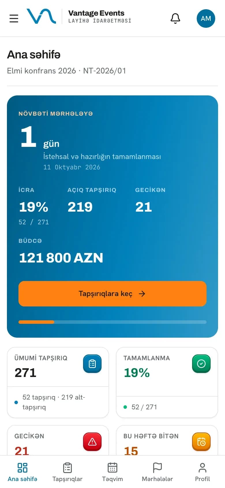 Mobil ana panel: Layihənin əsas göstəricilərini telefonda da rahat izləyirsiniz.