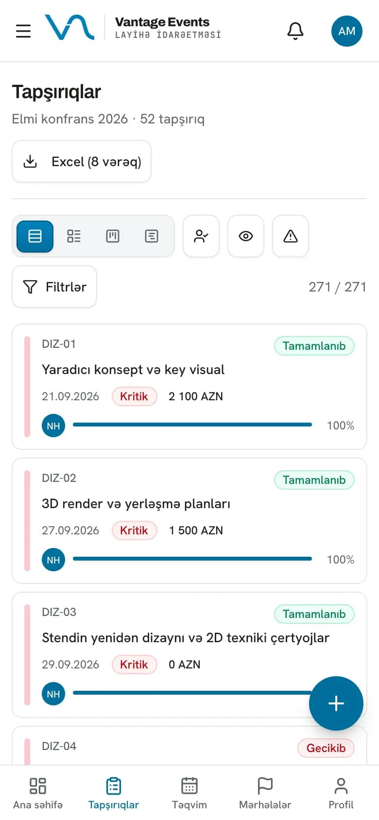 Mobil tapşırıqlar: Tapşırıqlar telefonda kartlar şəklində açılır, statusu və icra faizi dərhal görünür.